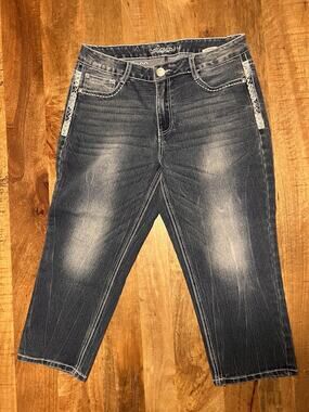 Revolt Embellished Capri Denim Jeans Y2K Cross Pockets Bling